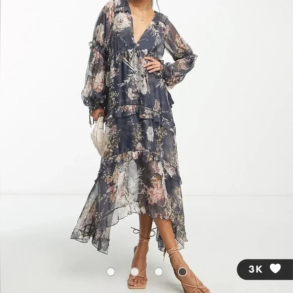 ASOS | Dresses | With Tag Asos Design Pleated Layered Tiered Midi Dress  Navy Floral Print | Poshmark